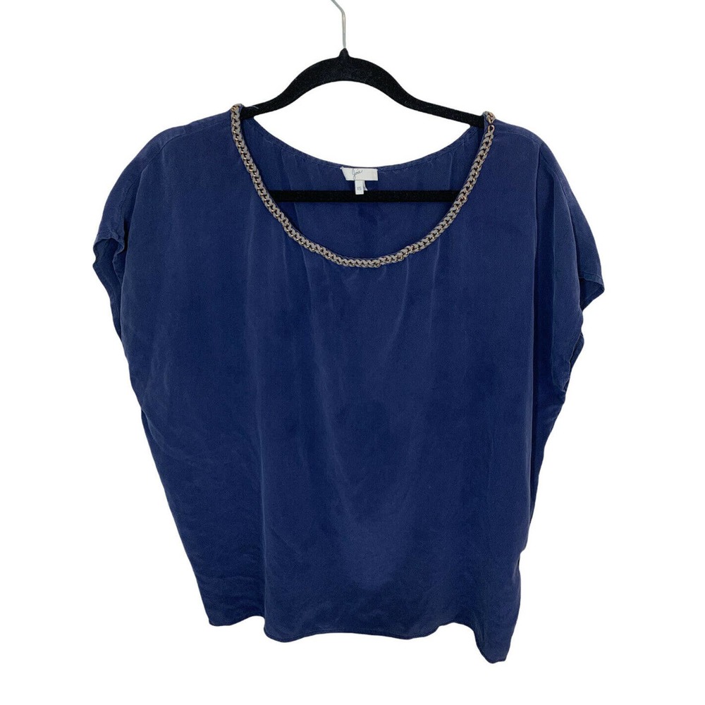 Women's Joie Silk Navy Blue Short Sleeve Braided Scoop Neck Shirt Top Size XS - Picture 1 of 7